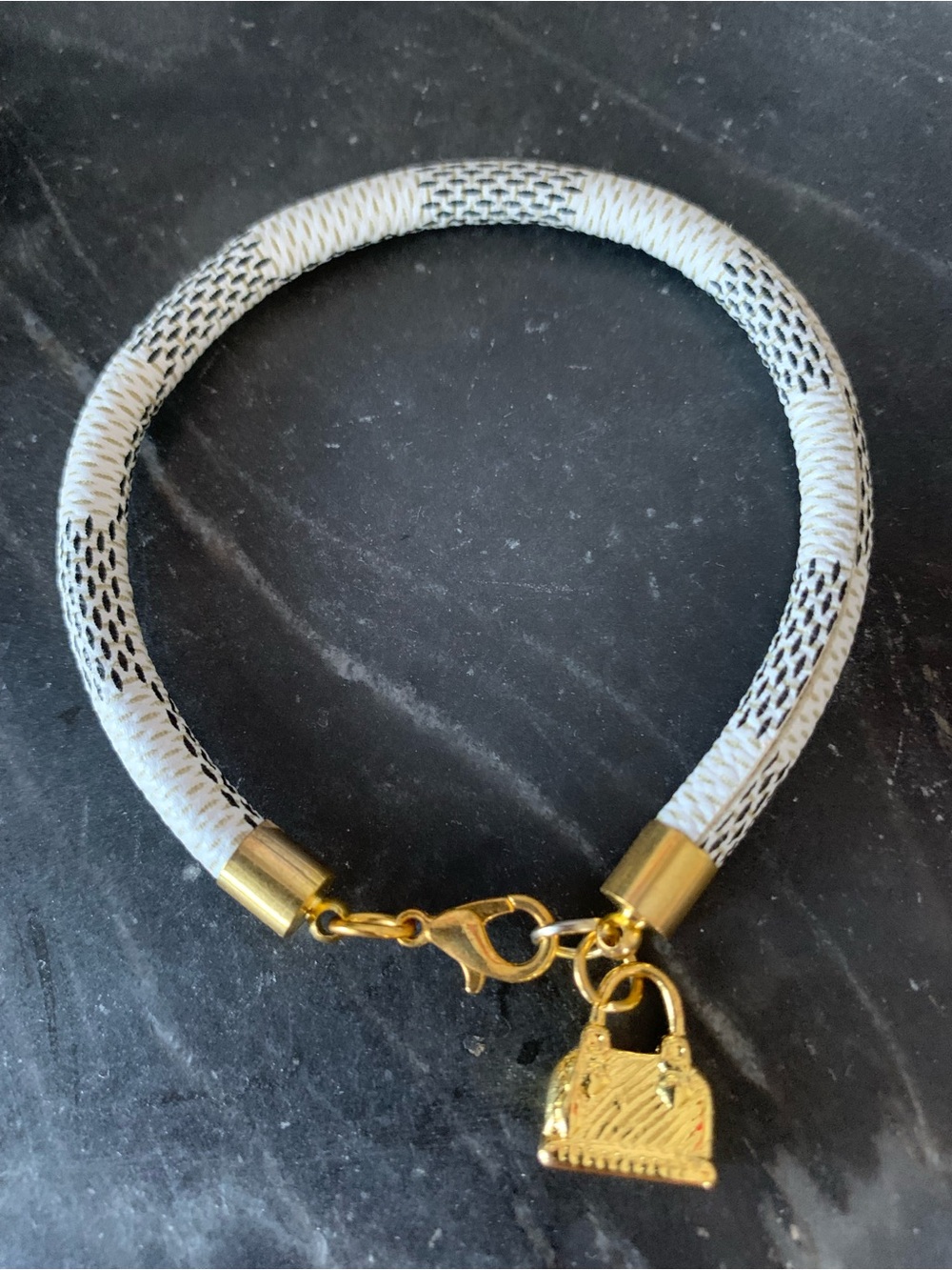 NEW! Gold Charm White & Gold Damier Azur Canvas Bracelet